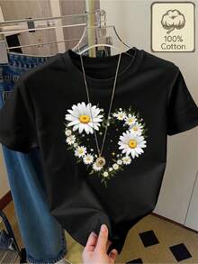 Top femenino manga corta cuello redondo en algodón puro, diseño estampado moderno, tela fresca y aireable, prenda versátil para look casual, ocasiones diarias y encuentros sociales todo el año - Negro - Ver 8