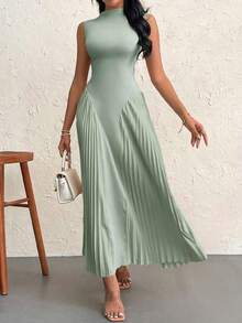 Vestido elegante de línea A ajustado con pliegues para mujeres - Verde - Ver 7