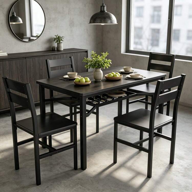 Modern Farmhouse Style 5-Piece Dining Room Table And Chairs Set, Rectangle Small Kitchen Table Set With 4 Chairs And Storage Rack, Particle Board Top And Metal Frame Dinette Set For 4, Space-Saving Design Bar Table Set - Đen/Đen - Xem 2