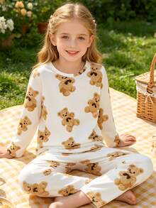 2pcs Tween Girl Pajama Set, Cute Bear Cartoon Pattern, Round Neck Long Sleeve Top And Pants, Flame Retardant Knit Fabric, Can Be Worn Outerwear, Suitable For All Seasons, Unisex For Boys And Girls - White - View 2