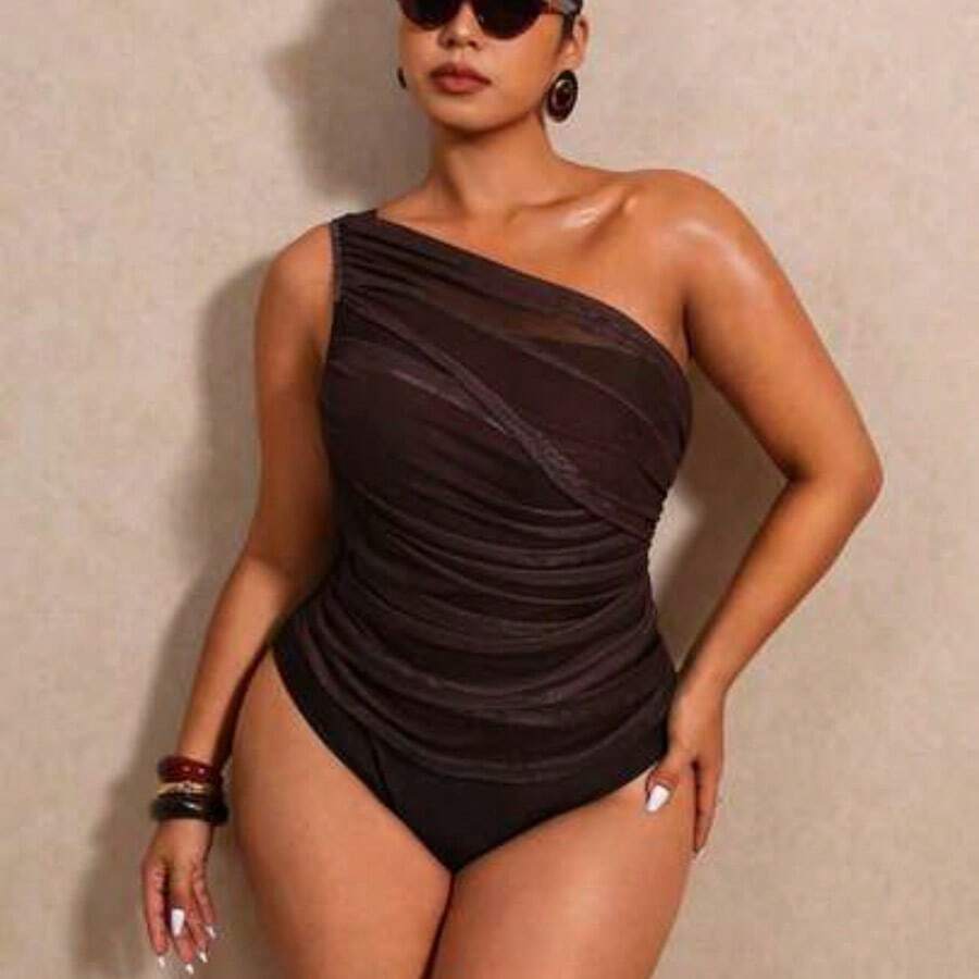 Elaquor Plus Size Women Ombre Ruched One-Piece Swimsuit, Fashionable Vacation - Café integral - Ver 1