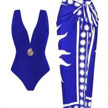 Swim Oasis 2pcs Women Solid Green Bandage Swimsuit & Net Printed Long Skirt Beach Vacation Swimwear Set For Summer - Azul - Ver 1