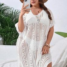 Swim Lushore Plus Size Hollow Out Split Thigh Cover Up Dress Without Bikini Summer - Marrón - Ver 2