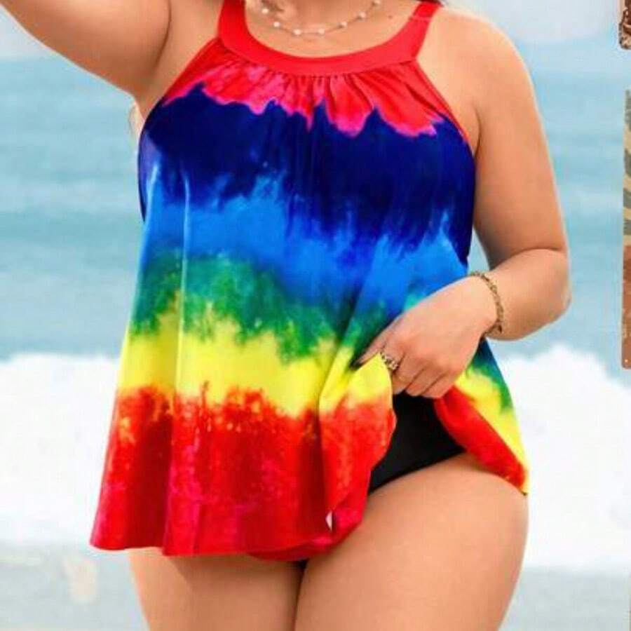 Swim Lushore Plus Size Women 2pcs Solid Color Mesh Patchwork Tummy Slimming Casual Vacation Tankini Swimwear For Summer Beach Vacation - Multicolor - Ver 1