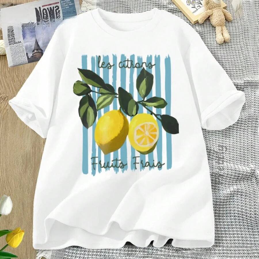 Camisetas de manga corta para mujer 100% algodón, cuello redondo, camiseta con estampado de limones en acuarela "Les Citrons", impresión a una cara, top casual de manga corta, fondo a rayas y camiseta con cita en francés, estilo veraniego transpirable para uso diario de mujeres. - Blanco - Ver 1
