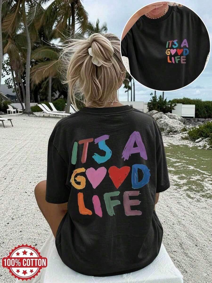 [Double-Sided Print] Women's Casual Summer Loose Fit T-Shirt, Hand-Painted Style, Heart Print And The Phrase "IT'S A GOOD", Round Neck, Short Sleeve, Drop Shoulder, Pure Cotton Oversized T-Shirt [Best Seller 1] 100% Cotton, Summer T-Shirts - 黑色 - 查看 1