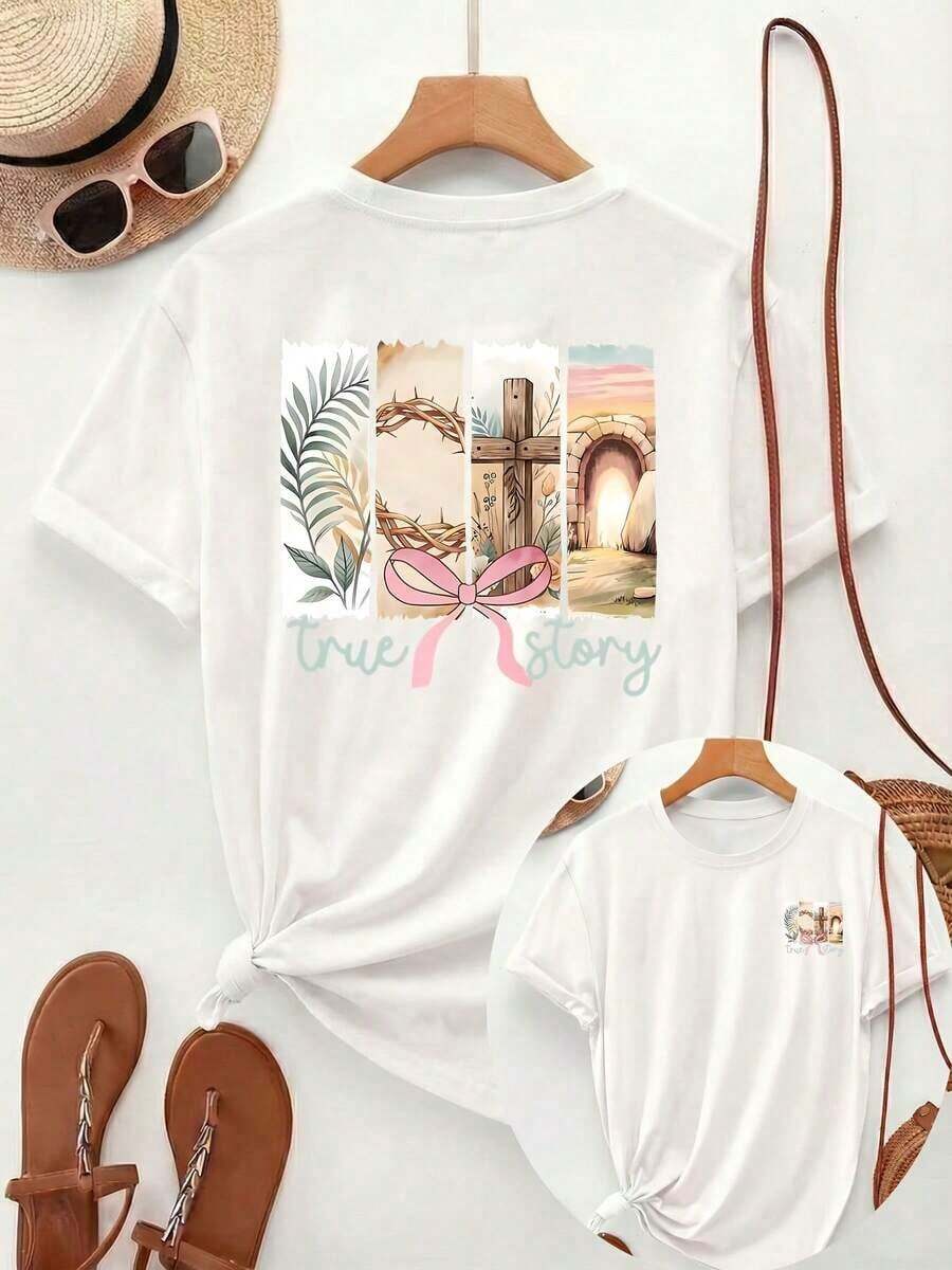 New Summer Collection 2026: Fashionable Women's T-Shirt [Double-Sided Print], Casual Short-Sleeve Crew Neck Top With A Four-Panel Patchwork Design: Palm Leaf, Crown Of Thorns, Cross, Empty Tomb, With A Pink Ribbon And The Text "True Story". Suitable For Casual Wear, Versatile Clothing, Fashionable T-Shirt, Comfortable Material, Popular Style Summer T-Shirt. Front And Back Print - 白色 - 查看 1