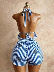 Conjunto de verano sexy, lindo y elegante romántico con top de tirantes con cuello en V profundo de lino a rayas blancas y caqui, emparejado con shorts casuales de playa de cintura con cordón, color rosa - Azul - Ver 2