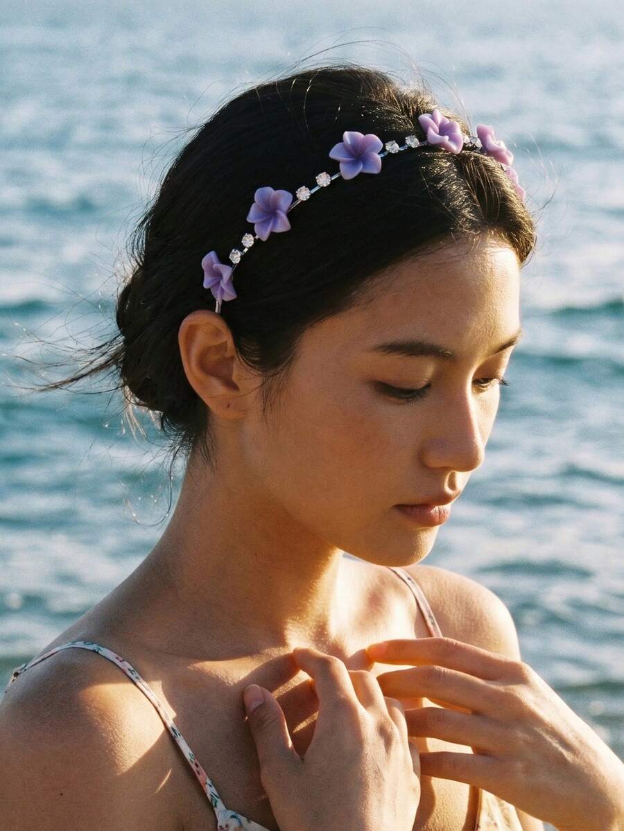 1件花卉印花波希米亞風鐵合金髮箍,百搭極簡向日葵髮箍,甜美水鑽裝飾髮夾,髮飾髮帶 - 紫色 - 查看 1
