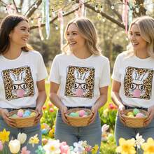 Camiseta de Conejita de Pascua para Mujer - Divertida Camiseta con Estampado de Conejita con Gafas y Estampado de Leopardo, Top Moderno para las Vacaciones de Primavera - Blanco - Ver 3