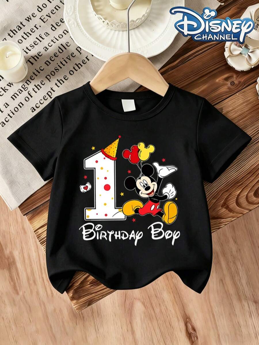 Disney Minnie Mouse Birthday Girl Shirt For Toddler Girls 6-36M, Number 1 & Minnie Print Short Sleeve T-Shirt For 1st Birthday Photoshoot Express Delivery - 黑色 - 查看 1