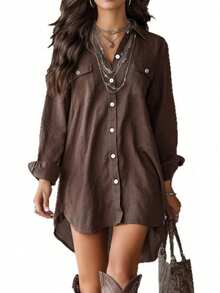 Plus Size Women's Brown Long Sleeve Polyester Button-Up Shirt Dress, Lapel Collar, High-Low Hem Design, With Pockets - Brown - View 6