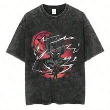 Anime Print T-Shirts For Men And Women, Vintage Washed Cotton Short Sleeve T-Shirt, Casual Summer Tops, Harajuku Streetwear, Summer Outfits For Women, Summer Clothes For Men - 黑色 - 查看 1