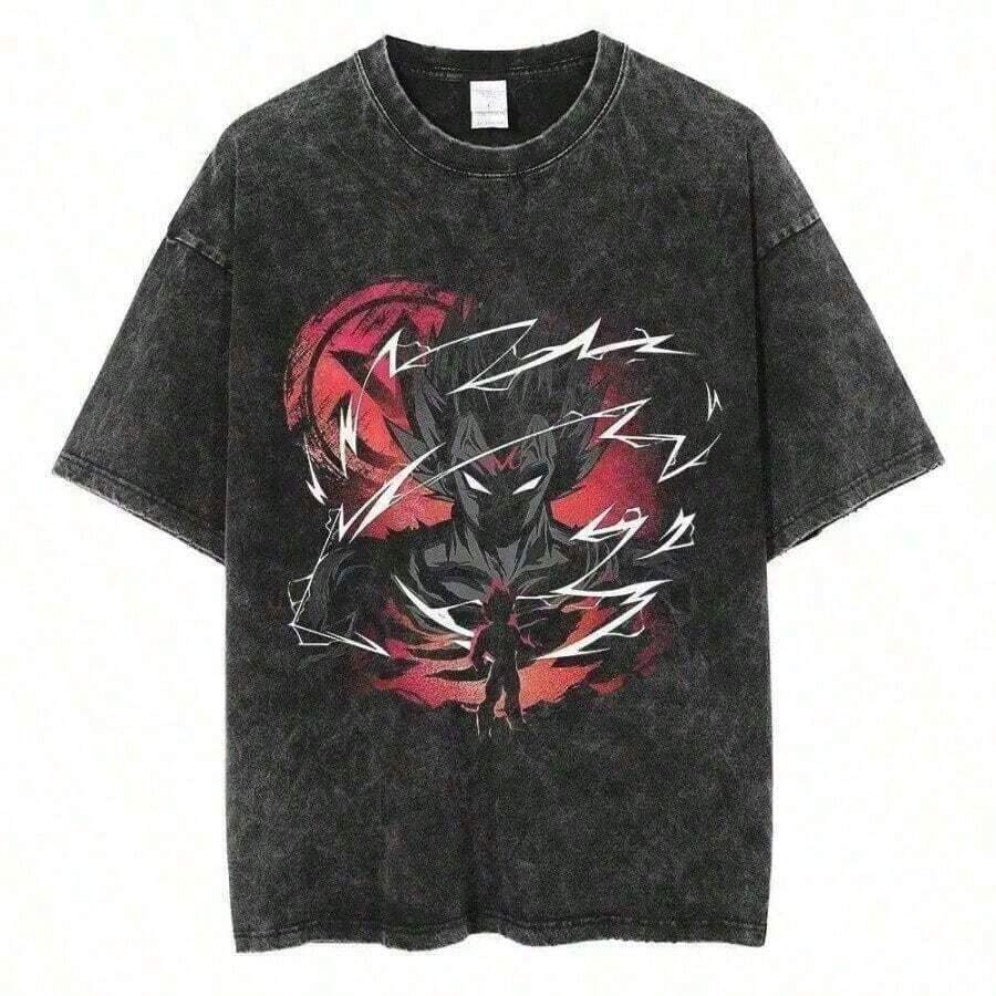 Anime Print T-Shirts For Men And Women, Vintage Washed Cotton Short Sleeve T-Shirt, Casual Summer Tops, Harajuku Streetwear, Summer Outfits For Women, Summer Clothes For Men - 黑色 - 查看 1