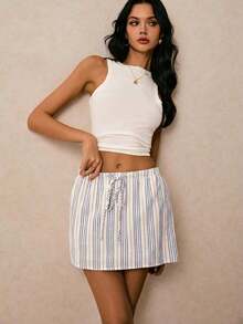 Pantalones Culotte Casuales Holgados para Mujer con Cordón Ajustable en la Cintura y Bolsillos a Rayas - Blanco - Ver 6