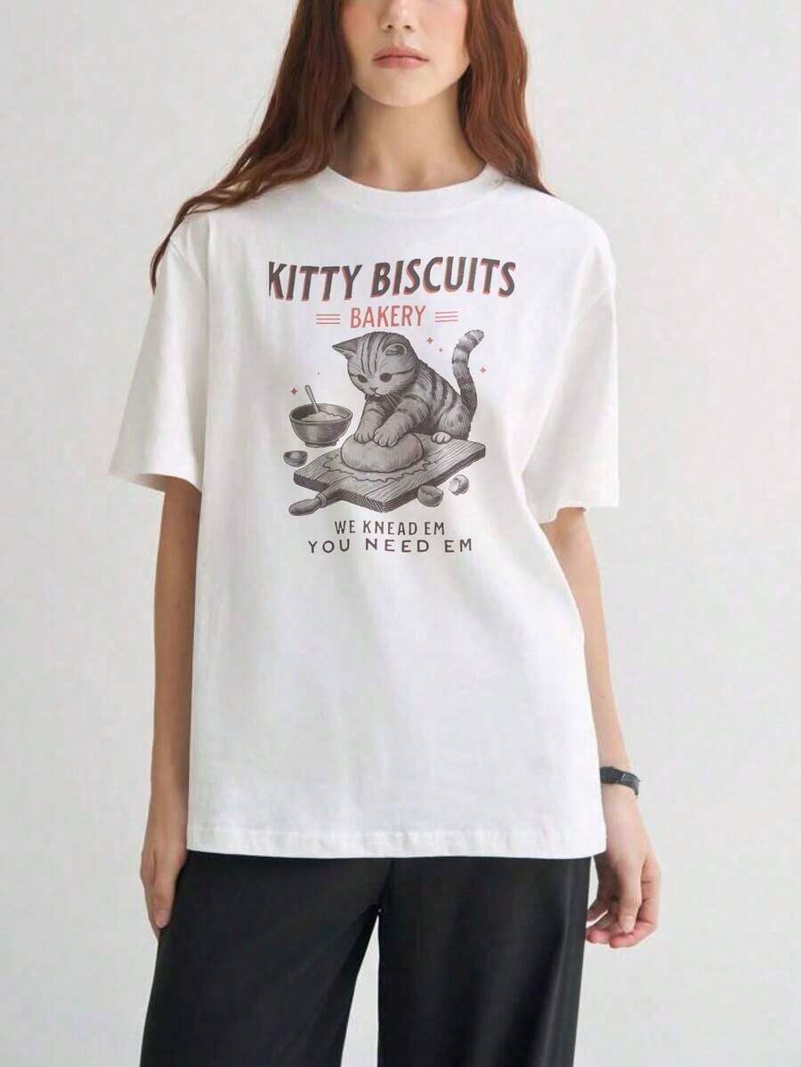 Camisetas de manga corta para mujer, camisetas con estampados interesantes, ropa hermosa. Camiseta de algodón con estampado gráfico de gatito blanco, galletas, panadería, gato amasando masa, nosotros las amasamos, tú las necesitas. Ropa casual para mujer y hombre, atuendo diario, moda urbana. - Blanco - Ver 1