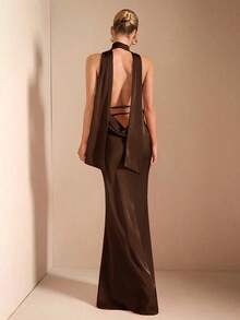Vestido de punto de tirantas con escote profundo, espalda con lazo y cola de pez, color rojo sólido, sexy y elegante, adecuado para cócteles, citas románticas, capas en otoño/invierno, fiestas, bodas de damas de honor, salidas nocturnas, Halloween y Navidad - Café integral - Ver 9