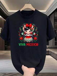 NewSummerCasual1pc blusas de mujer blusas bonitas para mujeres conjuntos para mujer ropa de mujer Viva México 180g camiseta algodón blanco y negro patrón de impresión mexicana impresión algodón alta calidad cuello redondo corte básico holgado hombres y mujeres transpirable versátil lavable a máquina cómoda talla S ~ 2XL diaria casual deportes imprescindible verano-Vintage Street Style Unisex Loose Cotton Short Sleeve Crew Neck T-Shirt - Negro - Ver 3