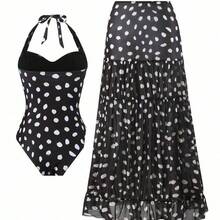 Asymmetrical Polka Dot Halter One Piece Swimsuit & Maxi Skirt Set For Women - Blanco y Negro - Ver 3