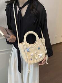 Fashionable Woven Shoulder Bag For Spring 2026, Suitable For Daily Use, Casual Outings, Travel, And Vacations - النيون - مشاهدة 4