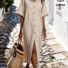 Women's Spring And Summer Striped Shirt Dress, Suitable For Vacation, Daily Casual And Lazy Style. Women's Shirt Dress, Vertical Stripe Design, Single-Breasted Lapel, Short Sleeves And Slit Hem, Vacation Wear, Daily Casual Long Skirt, Lazy Style Women's Clothing, Lazy Skirt - Albaricoque - Ver 8
