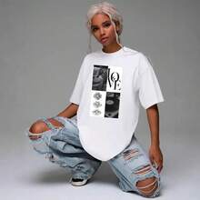 Diseño único, moderno, retro, de nicho, estampado popular, nuevo estilo de verano, camiseta de manga corta de algodón puro, top casual para mujer. - Blanco - Ver 2