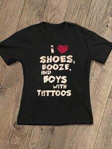 Modern And Fashionable Women's T-Shirt With Slogan Print, Ideal For Casual Everyday Wear In Summer - Unisex Cotton Loose Short-Sleeved Round Neck Vintage Style T-Shirt For Women. - 黑色 - 查看 9