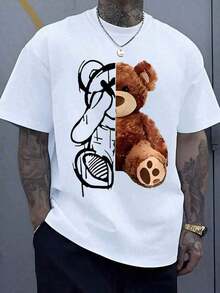 Half Teddy Bear With A Tender Expression And Half Urban Sketch With White Lines Symbolizing The Duality Between Softness And Strength, Creating A Unique Artistic Fusion. T-Shirt, 220g Cotton, VZE4 Z2B7 - 白色 - 查看 1