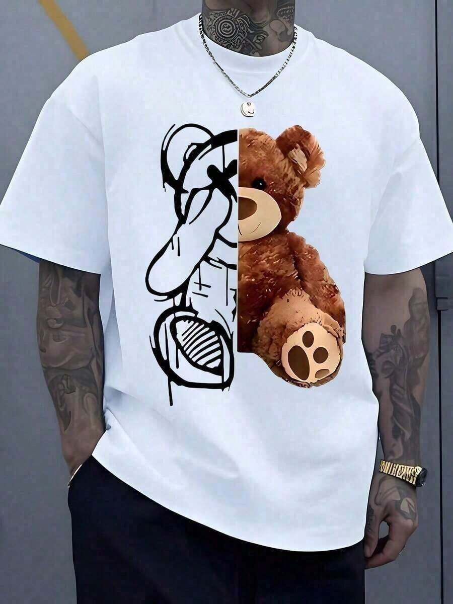 Half Teddy Bear With A Tender Expression And Half Urban Sketch With White Lines Symbolizing The Duality Between Softness And Strength, Creating A Unique Artistic Fusion. T-Shirt, 220g Cotton, VZE4 Z2B7 - 白色 - 查看 1