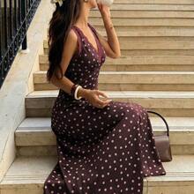 PariChic 2026 New Arrival Women's Polka Dot Satin Slip Dress With Lace Trim, V Neck Sleeveless Split Hem Maxi Dress, Elegant Spring Summer Vacation Date Night Long Dress For Women - Multicolor - Ver 10