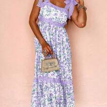 Bohemian Style Multicolor Floral Lace-Up High Waist Dress, Summer Vacation Elegant - Lila Púrpura - Ver 1