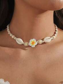 1 chiếc vòng cổ gốm mềm dệt thủ công kiểu Bohemian hình hoa và vỏ sò, vòng cổ phong cách biển, phụ kiện đi nghỉ hè. - Màu vàng - Xem 2