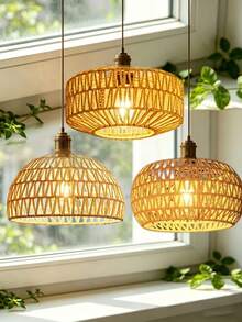 1pc Japanese Wabi-Sabi Style Rattan Pendant Light, Handwoven Oval Lamp Shade, Natural Wood Tone Dining Room/Bedroom Ambient Lighting, Multifunctional Use, Creative Party Gift - Semicircle - View 1