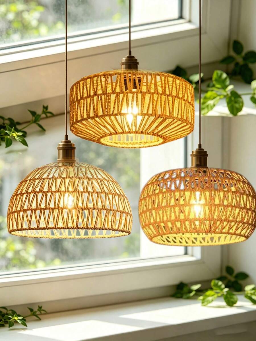 1pc Japanese Wabi-Sabi Style Rattan Pendant Light, Handwoven Oval Lamp Shade, Natural Wood Tone Dining Room/Bedroom Ambient Lighting, Multifunctional Use, Creative Party Gift - Semicircle - View 1