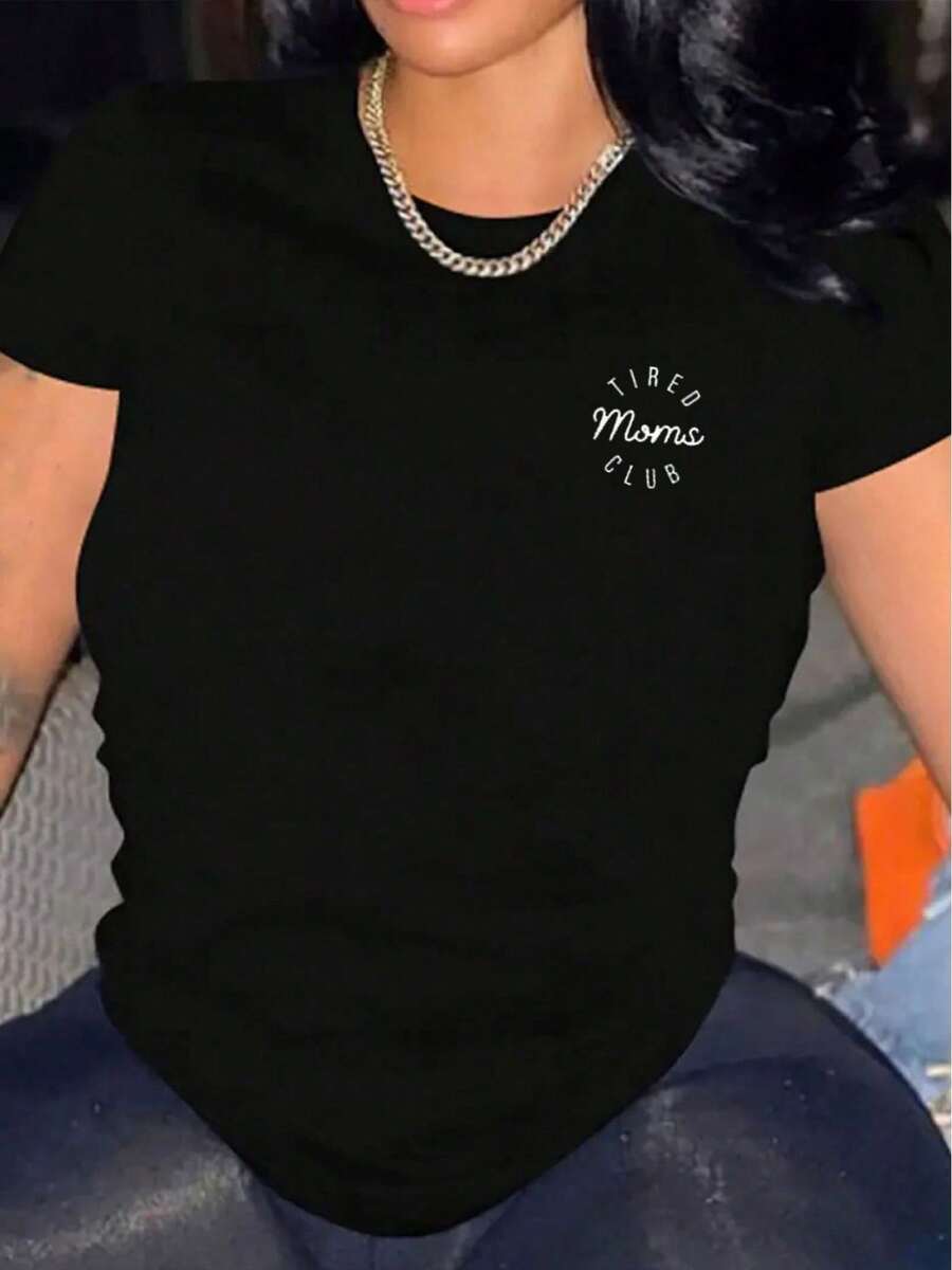Women's Casual Short Sleeve T-Shirt, 1 Piece, 100% Thick Cotton - Comfortable Round Neck, Soft And Adorable Tee Tops - 黑色 - 查看 1