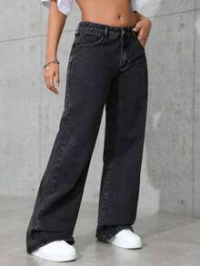 ICON Pantalones vaqueros de pierna ancha de unicolor, con bolsillos en ángulo, versátiles y casuales - Negro 3 - Ver 6