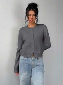 Cárdigan de mujer de manga larga, cuello redondo, suelto y corto, de unicolor, cómodo y acogedor, ideal para el uso diario, en color amarillo mantequilla para otoño/invierno - Gris 2 - Ver 3