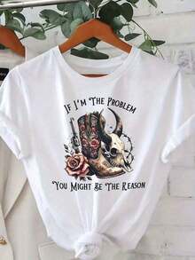 1 pieza de camiseta de vaquera occidental para mujer - "Si yo soy el problema, tú podrías ser la solución" Camiseta gótica vanguardista con diseño del suroeste, con motivos de calaveras y rosas, cabezas de toro y botas de vaquero, suave y transpirable, de manga corta y cuello redondo, adecuada para eventos campestres y atuendos casuales de verano para mujeres, 180g 100% algodón. - Blanco - Ver 7