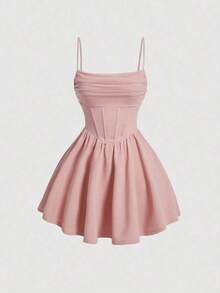 Elegante vestido de tirantes con fruncido en la cintura de color liso - Rosa - Ver 1