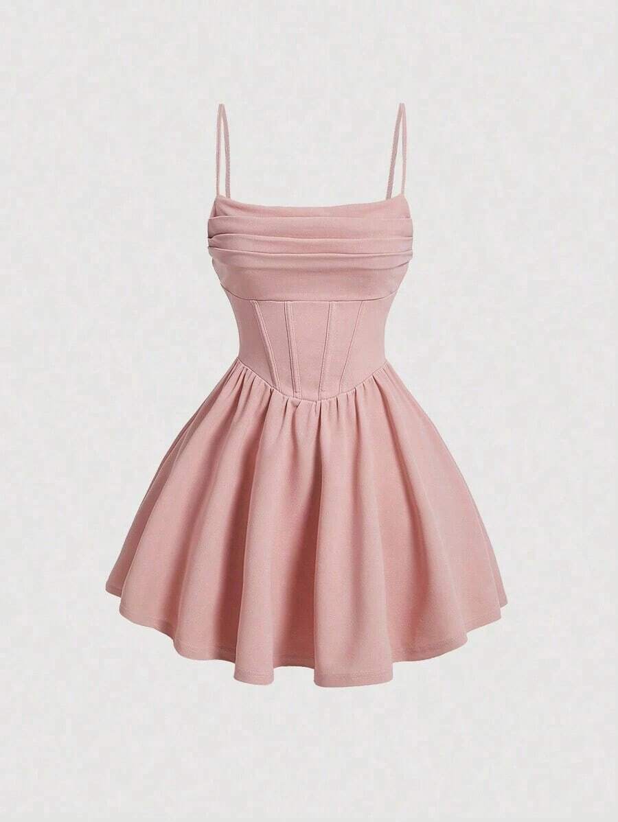 Elegante vestido de tirantes con fruncido en la cintura de color liso - Rosa - Ver 1