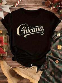 Women's 100% Style T-Shirt - White Mexican Style Top With Cursive "Chicana" Print, Casual Cultural Clothing, Short Sleeve Crew Neck T-Shirt For Daily Wear, Suitable For Day Of The Dead Events (Machine Washable) - 黑色 - 查看 1