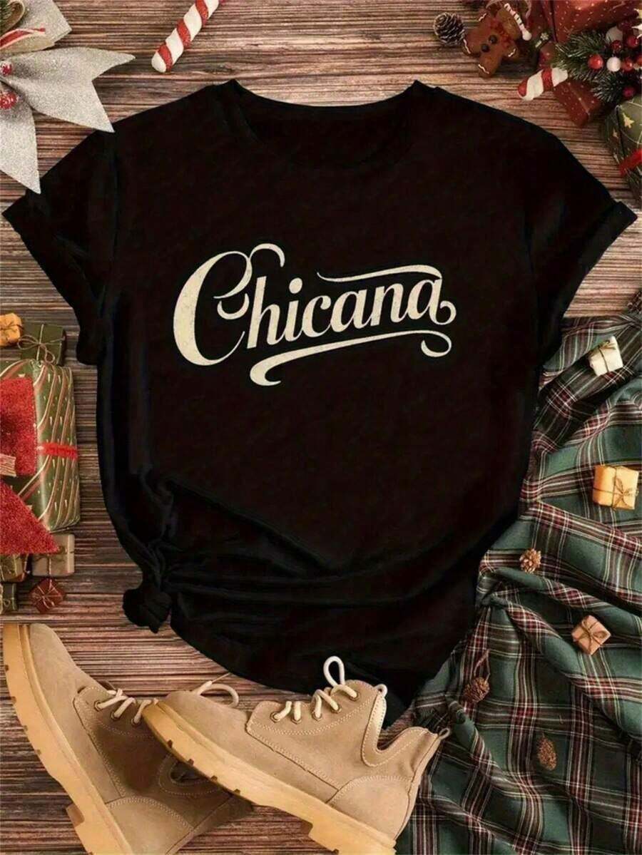 Women's 100% Style T-Shirt - White Mexican Style Top With Cursive "Chicana" Print, Casual Cultural Clothing, Short Sleeve Crew Neck T-Shirt For Daily Wear, Suitable For Day Of The Dead Events (Machine Washable) - 黑色 - 查看 1