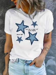 Camiseta de algodón de manga corta para mujer, camiseta con estampado de estrellas, top casual de manga corta con cuello redondo para verano y primavera, ropa de mujer. - Blanco - Ver 6