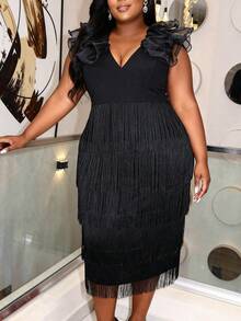 Plus Size Women's Black Multi-Layer Fringe Dress, V-Neck Ruffle Sleeveless Elegant Summer Formal Occasion Evening Party Gown - Black - View 3