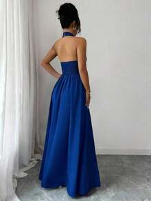 Elegante vestido sin mangas con cuello en V, diseño hueco en la cintura y pliegues, color morado, nueva llegada de primavera/verano - azul real - Ver 2