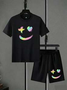 2pcs Men's Summer Short Sleeve T-Shirt & Shorts Set, Halloween Graphic Print Casual Outfit With Pockets & Drawstring Waist, Great Gift For Husband Or Boyfriend - Black Set - 查看 1