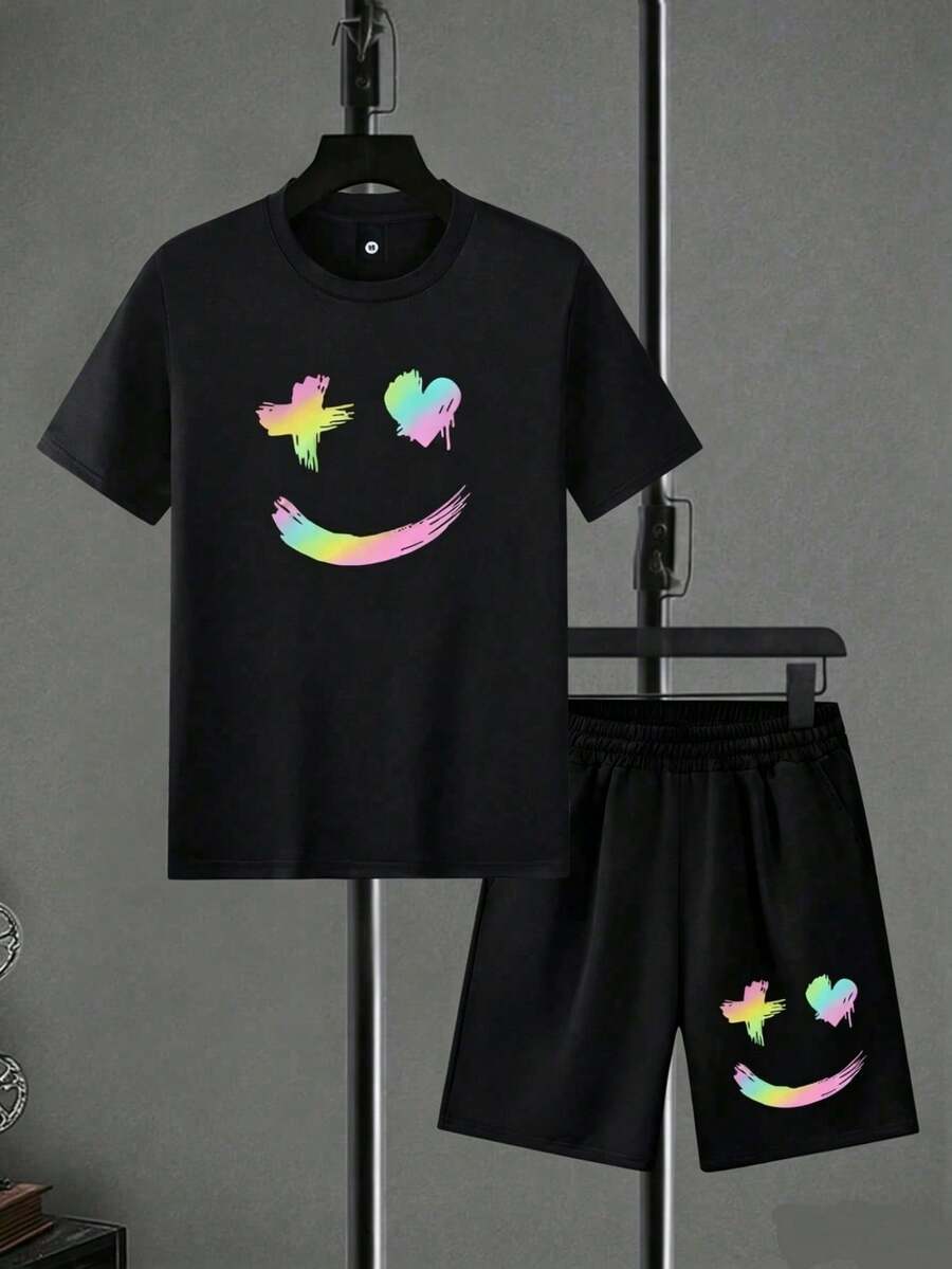 2pcs Men's Summer Short Sleeve T-Shirt & Shorts Set, Halloween Graphic Print Casual Outfit With Pockets & Drawstring Waist, Great Gift For Husband Or Boyfriend - Black Set - 查看 1