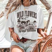 Camiseta gráfica casual para jóvenes, unisex, estilo retro de los años 70, estilo vaquero occidental para chicas. |   Camiseta con estampado de flores silvestres y caballos salvajes, de tela ligera y transpirable, corte regular, adecuada para usar en primavera, verano y otoño. |   Ropa para festivales de música country, estilo casual, cuello redondo, manga corta - Blanco - Ver 7