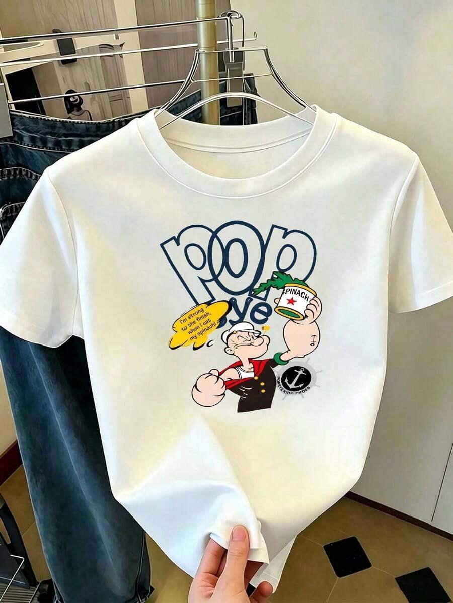Women's White Cotton T-Shirt With A Retro Cartoon Character Print Featuring A Can Of Spinach, The Phrase "I'm Strong To The Finish When I Eat My Spinach" In Large Blue Lettering, A Nostalgic And Eye-Catching Style, Ideal For Everyday Wear, Casual Outings, And Summer Looks. Suitable As A Gift. Women's T-Shirt. Blouses > Elegant. Boho Chic. Exquisite Printed Crew Neck T-Shirt For Women, Ideal For Various Seasons, Perfect For Vacations, Travel, And Holidays. - 白色的 - 查看 1
