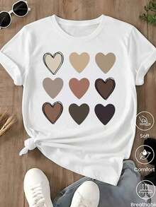 Playera Blanca para Mujer con Estampado de Nueve Corazones en Tonos Tierra y Café, Camia Casual de Manga Corta Estilo Minimalista y Coquette, Top Moderno Suave y Transpirable con Gráfico de Amor Artístico, Blusa Juvenil de Moda para Verano y DiarioAdecuado como regalo. playera de mujer. blusas>elegantes. boho chic,Exquisita camiseta estampada de cuello redondo para mujer, ideal para varias estaciones, perfecta para vacaciones, viajes y días festivos. - Blanco - Ver 6